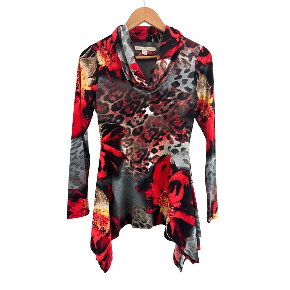 Boston Proper Leopard Lily Top Cowl Neck Asymmetrical Hem Size XS‎ Shirt Blouse
